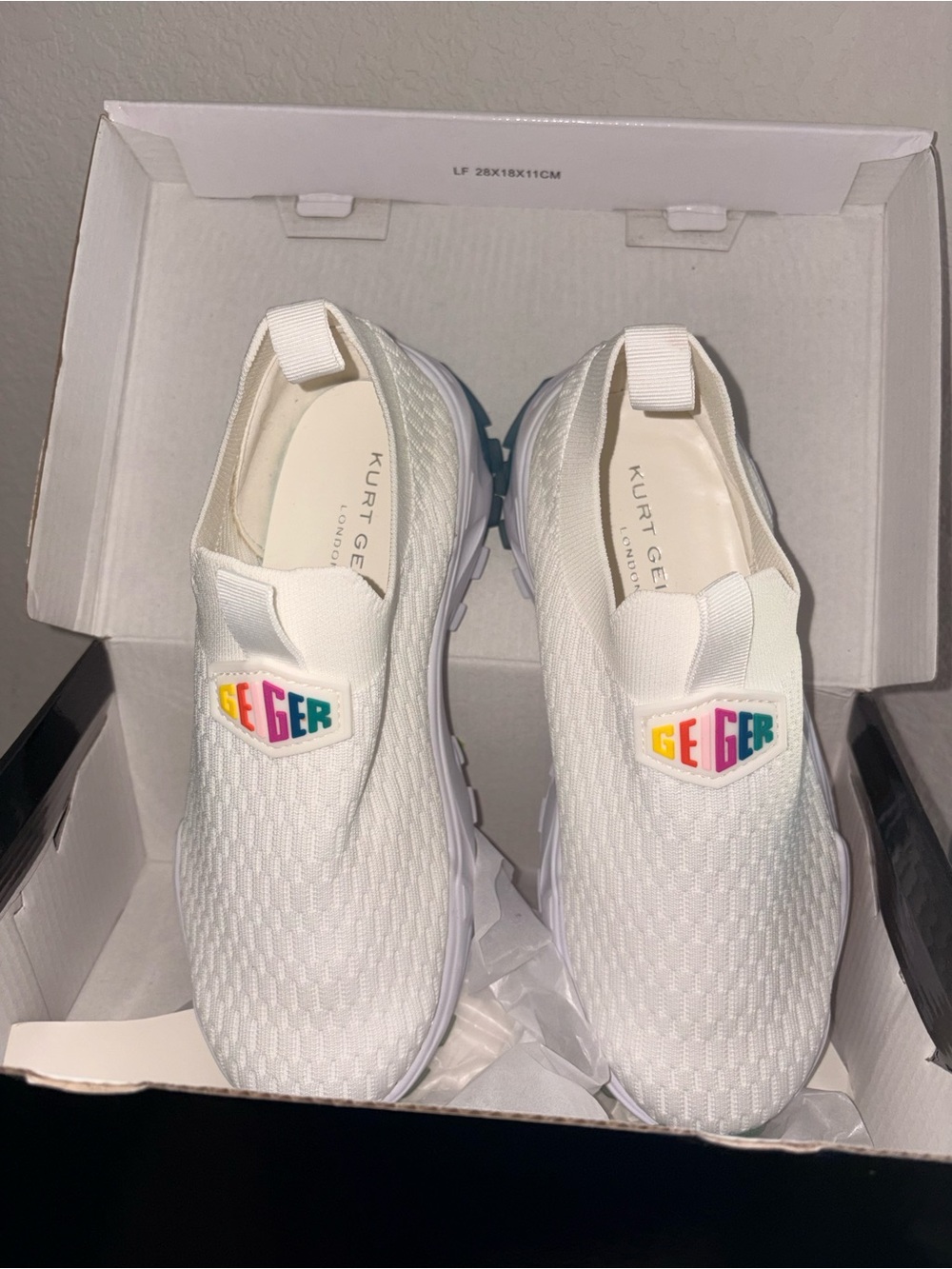 Kurt Geiger White Slip-On Knit Sneakers with Rainbow Logo Patch